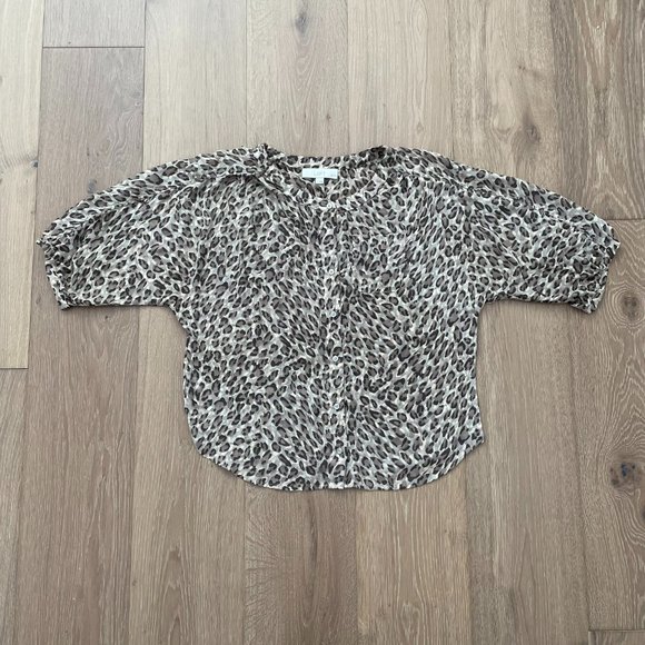 Loft Blouse Women Small Petite Brown Tan Animal Print Ann Taylor Leopard Shirt - Picture 5 of 14